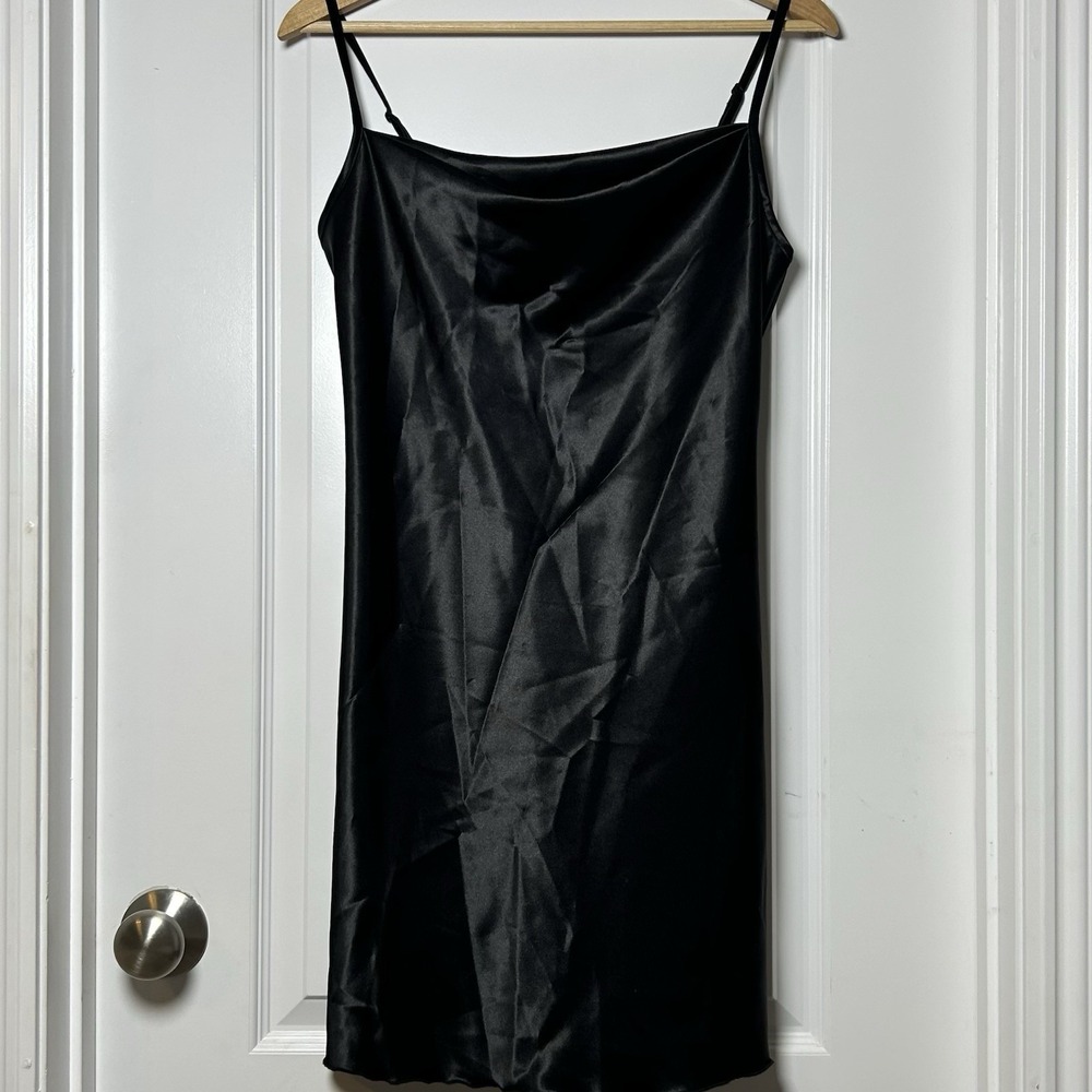 Bebe Made in USA Black Satin Cowl Neck Mini Slip Dress 90s Minimalist LBD Style